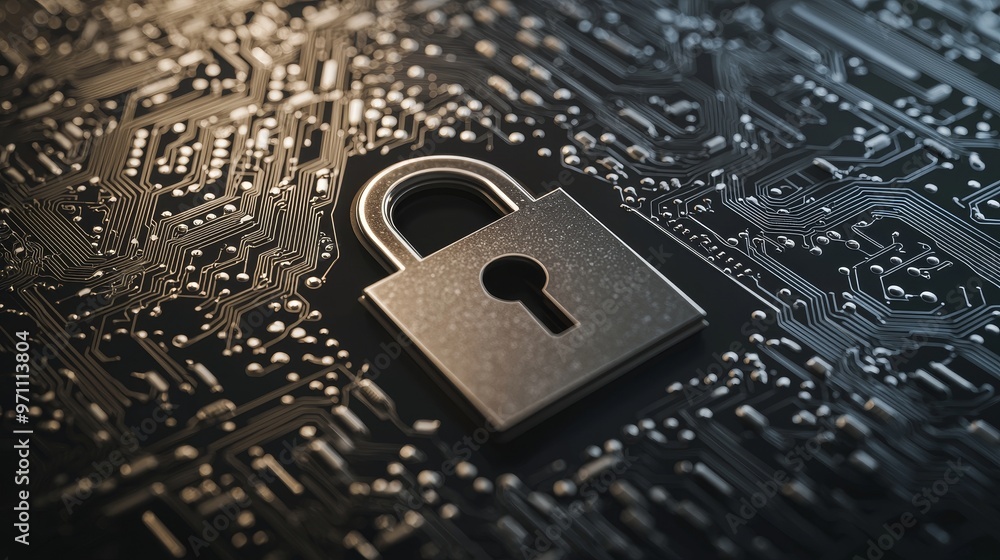 Poster Against a dark blue background, a digital padlock protects a computing system from fraud and protects private data networks.