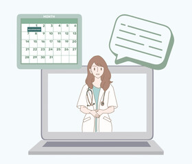 Smiling doctor in white uniform with stethoscope making video call, discussing online with patients. Appointment calendar, bubble speech behind. Hand drawn flat cartoon character vector illustration.