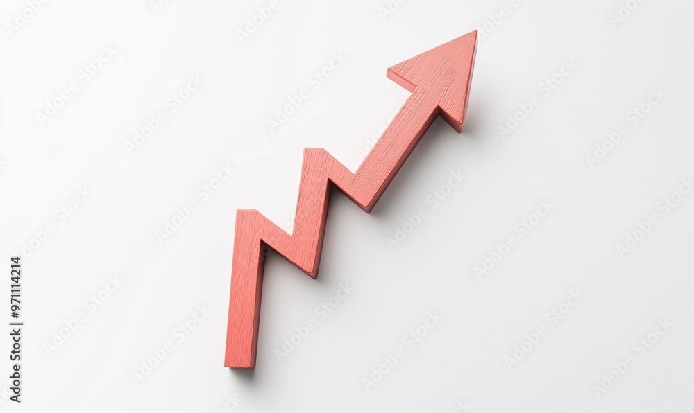 Aufkleber a red arrow pointing upwards on a white background. the arrow is made of wood and has a zigzag shape