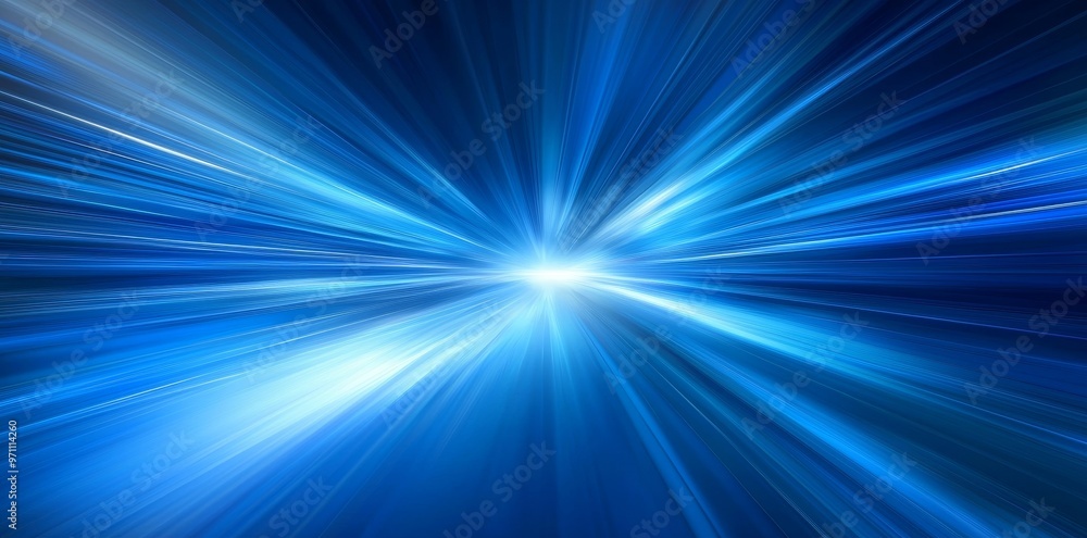Poster digital image of light rays, stripes of blue light, speed, motion blur over dark blue background wit