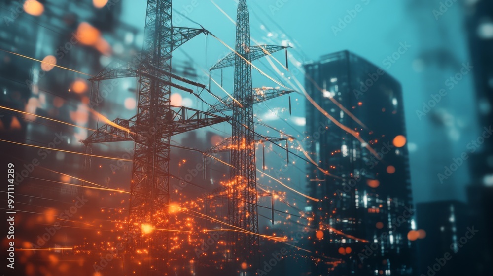 Poster visualization of electric waves coursing through a futuristic power grid, illustrating the concept o