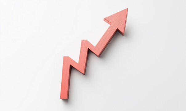 A red arrow pointing upwards on a white background. The arrow is made of wood and has a zigzag shape. Concept of growth and progress