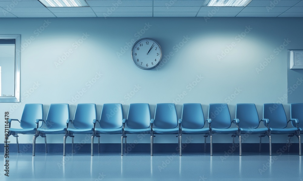 Poster a row of blue chairs are lined up in a room with a clock on the wall. the chairs are empty and the r