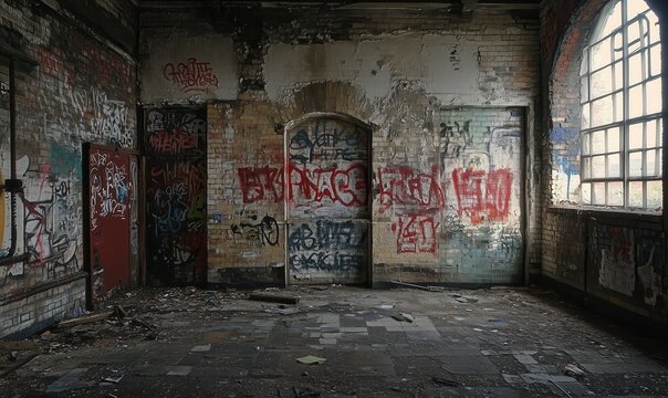 A room with graffiti on the walls and a door. The room is empty and has a very dirty and abandoned look