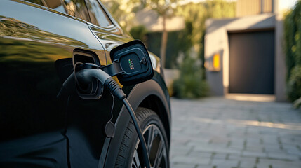 Innovative electric car connected to charging station with future architecture background. Technological advancement rechargeable EV car using alternative clean and sustainable energy.