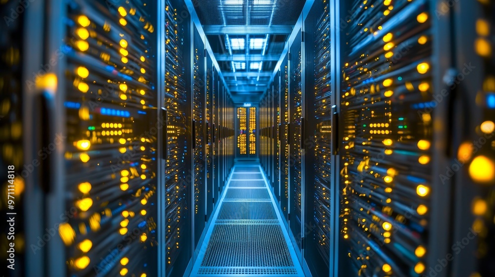 Aufkleber Data center server room with modern rack LED console. Stock image.