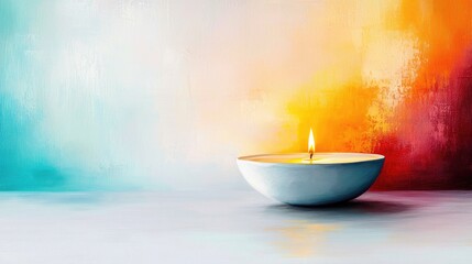 A serene candle glowing softly in a minimalist bowl against a colorful abstract background, perfect for relaxation and decor.