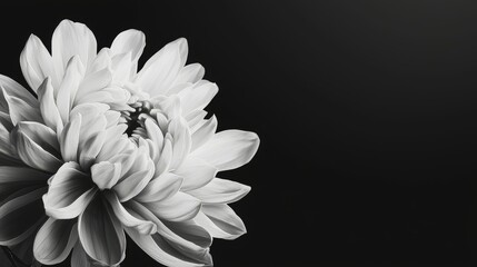 This is a mourning background, funeral white flower with copy space on a dark background. It features a white chrysanthemum flower on a dark background with space for text.