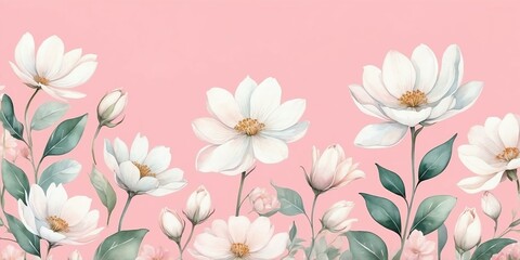 Fototapeta premium pretty white theme flowers on pastel pink background, concept for banner, watercolor style