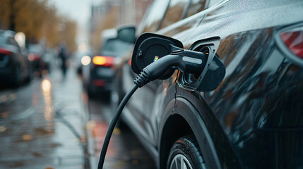 Naklejka premium Innovative electric car connected to charging station with future architecture background. Technological advancement rechargeable EV car using alternative clean and sustainable energy.
