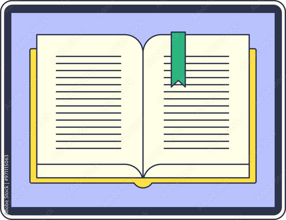Aufkleber an illustration of a tablet displaying an open book with text and a bookmark.