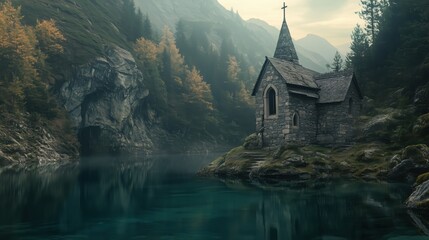 A small stone church sits on a hillside next to a lake. The scene is peaceful and serene, with the water reflecting the surrounding trees and the church. Concept of calm and tranquility