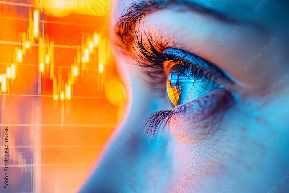 Aufkleber Chart with human eye in a futuristic background, chart with candlesticks, graph with uptrending stock market background