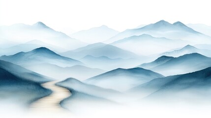 A serene mountain landscape with misty peaks and a winding path, evoking tranquility and natural beauty.