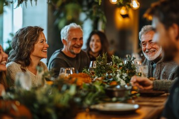 People gathered around a table enjoying food.