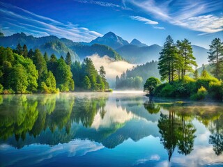 Serene misty morning landscape featuring a tranquil lake surrounded by lush greenery, towering trees, and majestic mountains under a soft, cinematic blue sky.