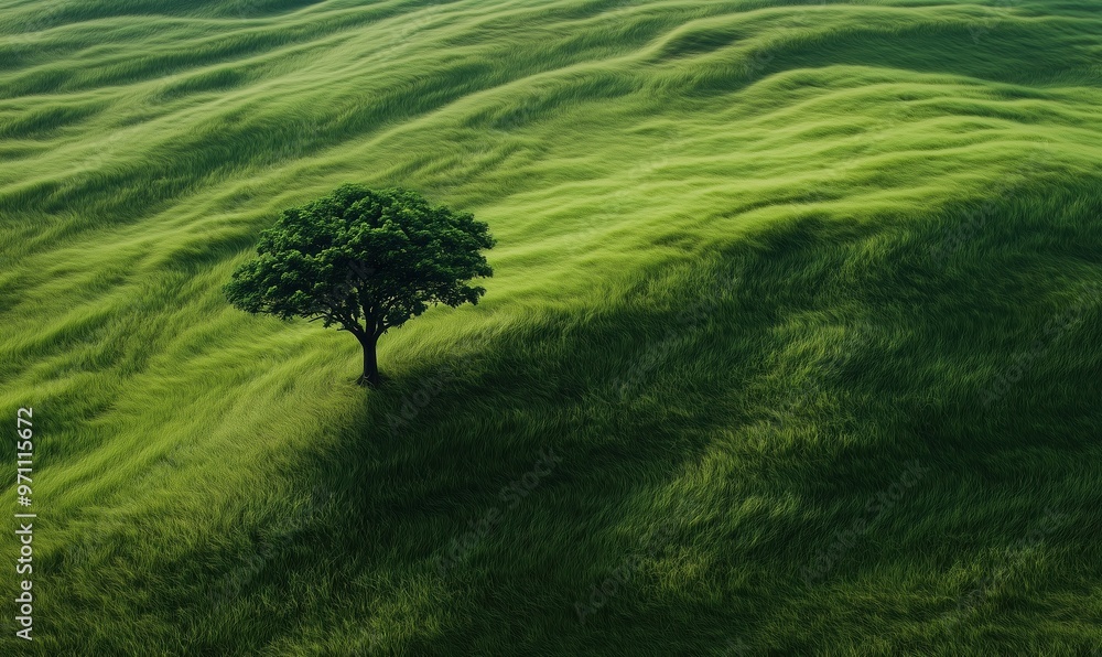 Poster a tree is standing in a field of green grass. the tree is the only object in the image, and it is su