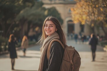 College student with backpack, 18 years old, standing outside campus, smiling at the camera