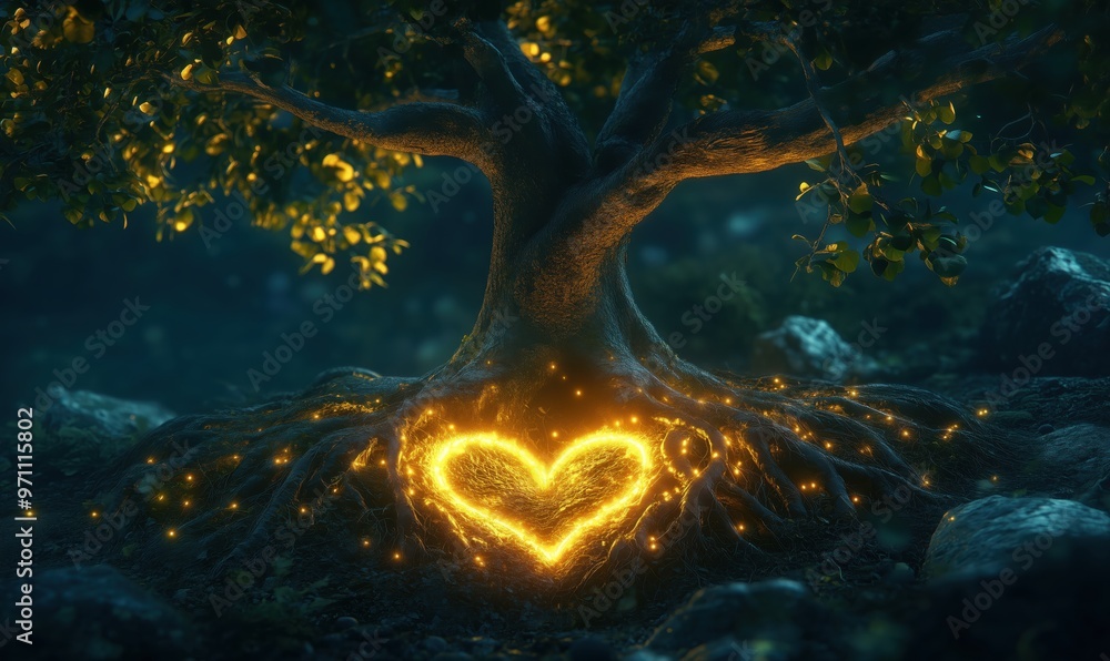 Poster a tree with a heart carved into it. the heart is glowing and surrounded by a glowing light. the imag
