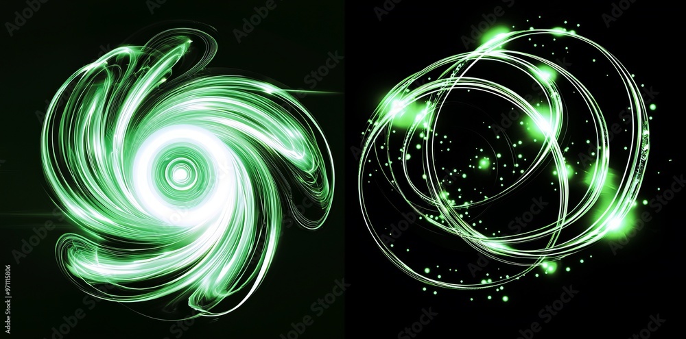 Poster plasma glowing electric green hologram isolated on transparent, round lightning frame portal layer o
