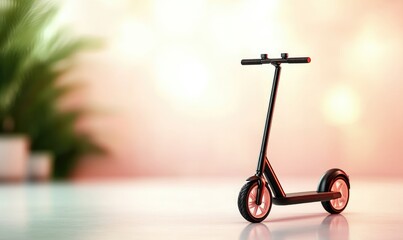 A sleek black electric scooter stands alone, showcasing modern design and vibrant colors in a soft background lighting.