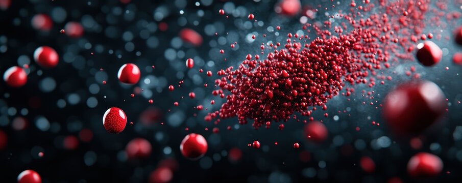 Dynamic close-up of red particles in motion against a dark background, symbolizing science, energy, or molecular activity in an abstract form.