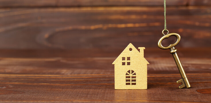 Gold house and key, property agency, real estate banner, background