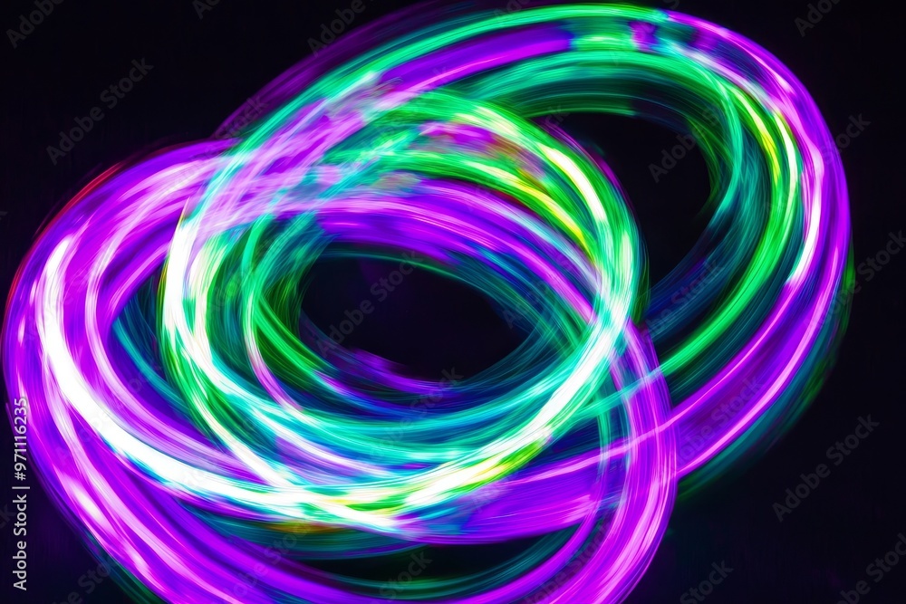 Aufkleber a glowing purple and green neon color circle shape with wavy dynamic lines isolated on black