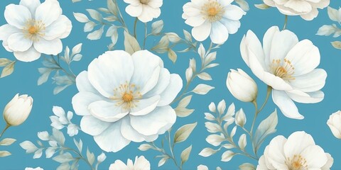 pretty white theme flowers on pastel blue background, concept for banner, watercolor style