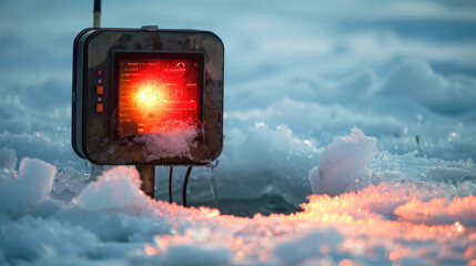 High-tech Ice Fishing Device on Frozen Lake with Vibrant Lights at Sunset. Concept of Winter Outdoor Sports, Advanced Fishing Gear, Cold Weather Adventures
