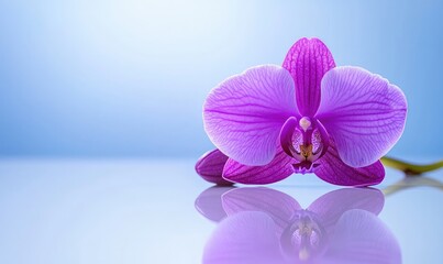 Obraz premium A stunning pink orchid flower reflecting on a smooth surface, set against a soft blue background. Perfect for floral themes.
