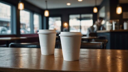 White takeaway coffee cups on a table with a blurred coffee shop in the background, with space for text.