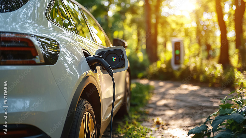 Wall mural Innovative electric car connected to charging station with future architecture background. Technological advancement rechargeable EV car using alternative clean and sustainable energy.