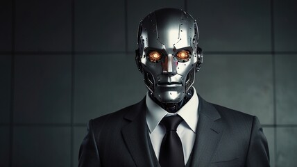A metallic robot with glowing eyes is wearing a business suit and a tie.