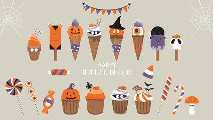 Halloween Ice cream with Popping Candy,spook symbols icons set for Halloween Party decoration.Sweet Halloween vector illustrations. 