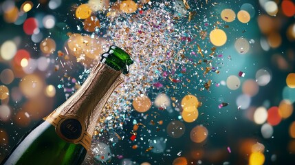 An explosion of confetti bursts out of a champagne bottle, evoking celebration and joy against a colorful backdrop.