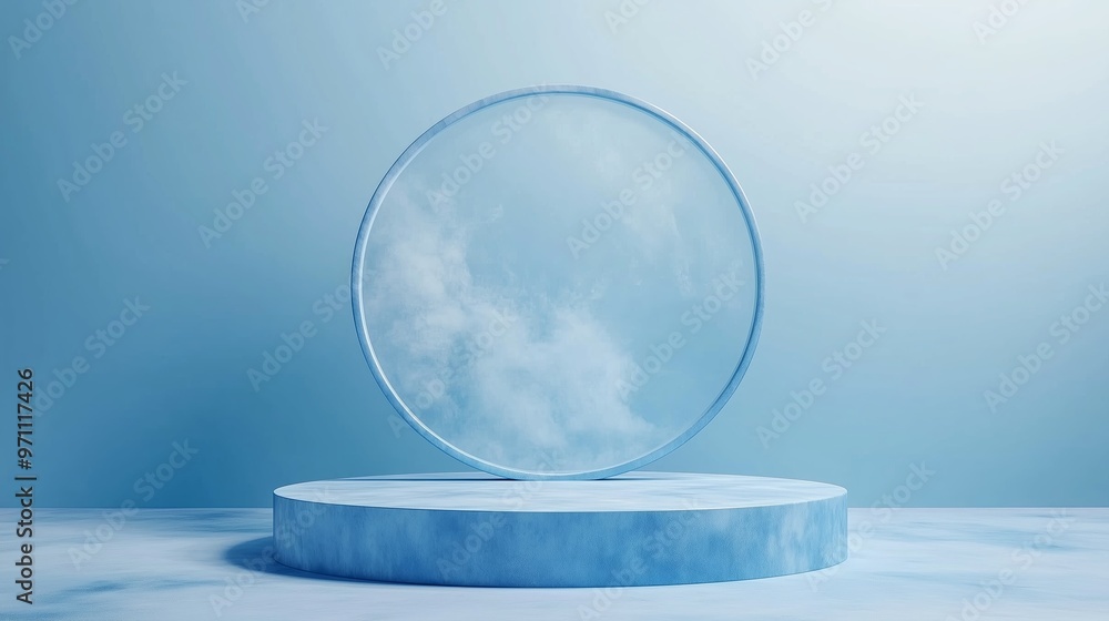 Poster a serene display of a circular glass structure reflecting clouds in a minimalistic blue setting