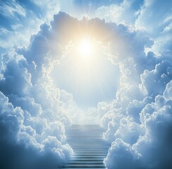 This is the stairway to heaven. This is a concept of the sun and white clouds in the sky. This is a concept of religion.