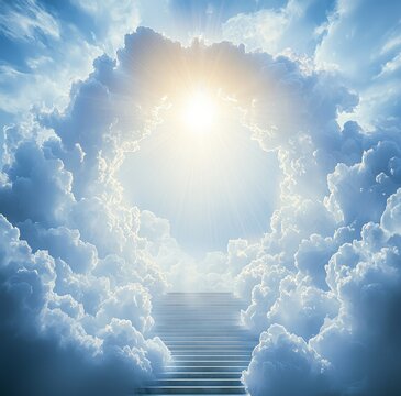 This is the stairway to heaven. This is a concept of the sun and white clouds in the sky. This is a concept of religion.