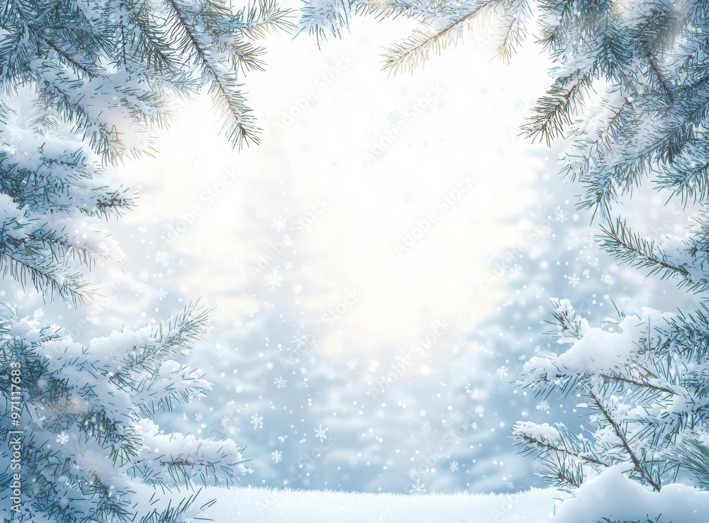 Poster This background is decorated with a beautiful winter landscape with snow-covered trees. Merry Christmas and happy New Year greetings with copy space are also included.