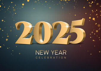 Elegant design of golden 3d lettering 2025 on dark background. Fairytale style illustration with golden sparkling confetti background. New Year 2025 celebrations. Vector illustration