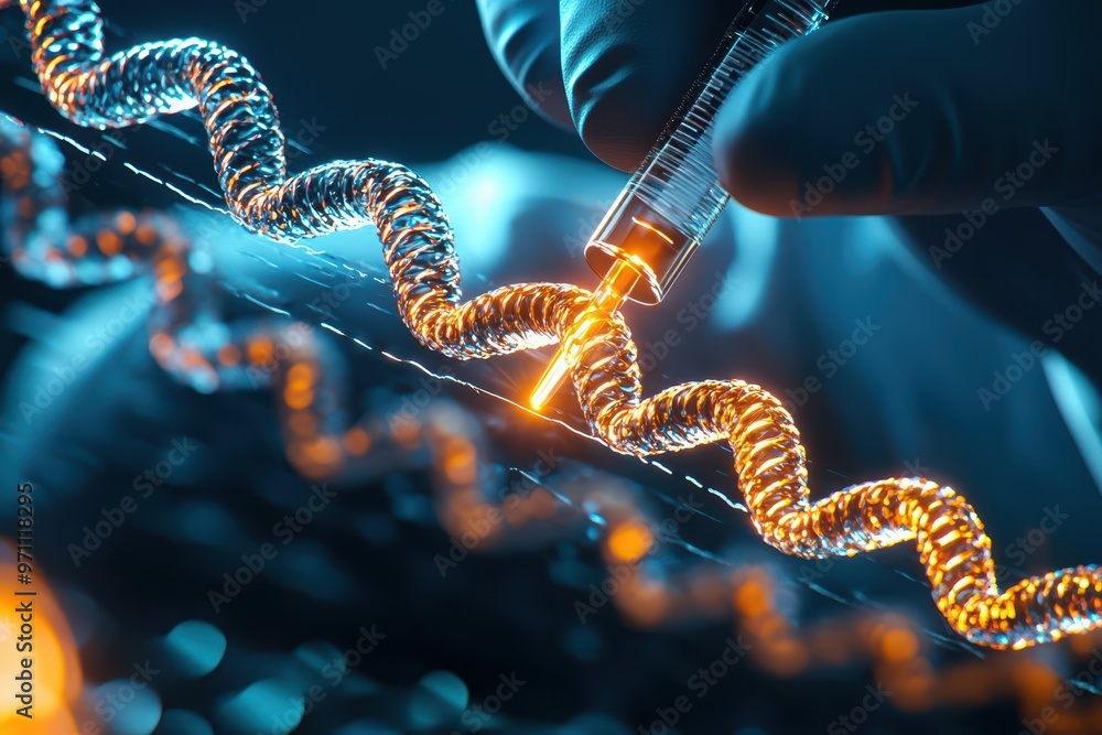 Poster a close-up of a scientist injecting a dna strand with glowing elements, showcasing advancements in g