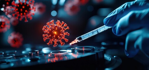 A close-up of a hand applying a syringe to a virus model, showcasing the intersection of medicine and biotechnology.