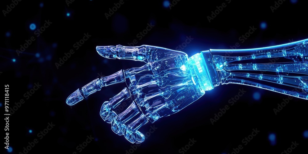 Poster a futuristic robotic hand with glowing features, symbolizing advanced technology and the evolution o