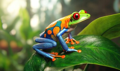 Naklejka premium A vibrant red-eyed tree frog perched on a lush green leaf, showcasing its striking colors and natural habitat.