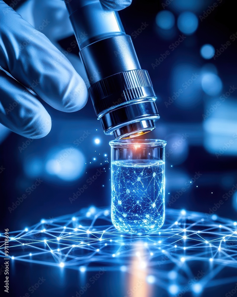 Poster a scientist examining a beaker with a microscope in a high-tech lab, showcasing innovation and scien