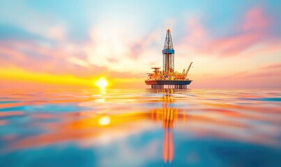 Obraz premium A vibrant sunset over an offshore oil rig, reflecting on calm waters, highlighting the beauty of industrial exploration.