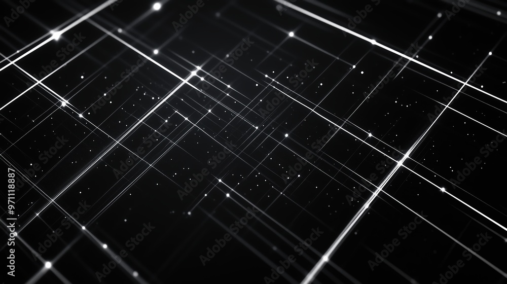 Poster a black and white image of a grid of lines with a lot of white dots. the image is abstract and has a