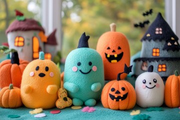 Obraz premium Halloween is a non-scary decor for children with soft felt and smiling characters, funny and cute, not creepy.