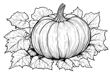 Hand Drawn Pumpkin with Leaves Black and White Illustration